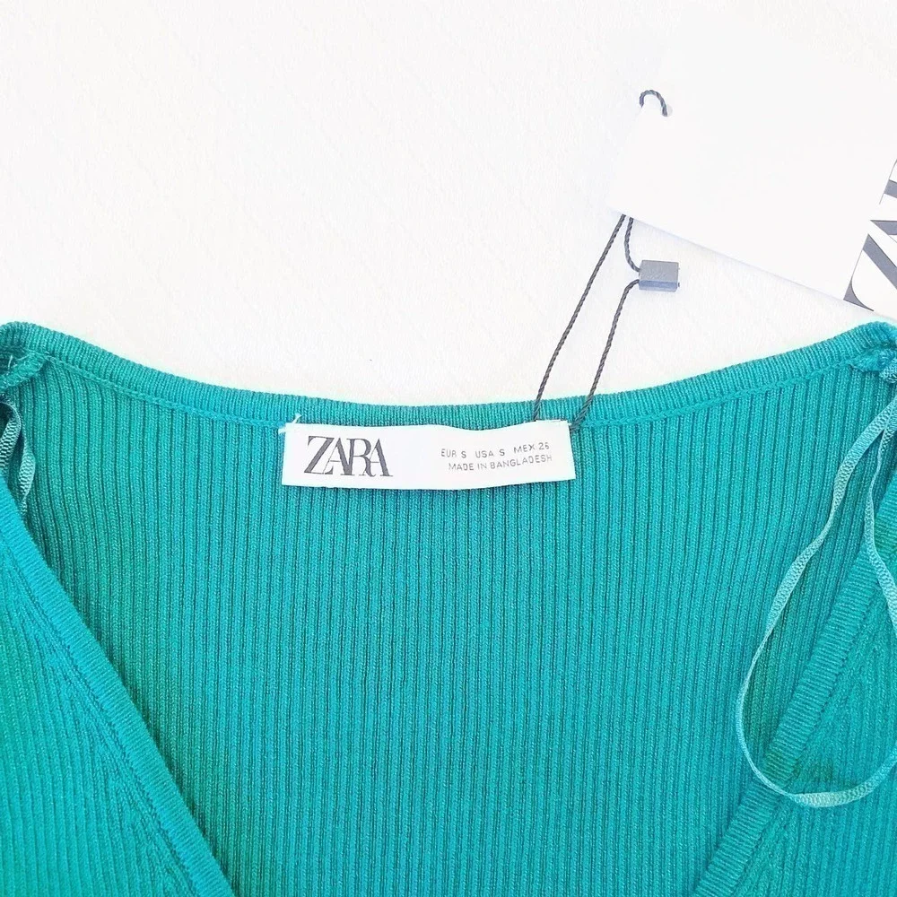 Zara Green Long Sleeve V-Neck Crop Top Crossbody Straps SZ S NWT